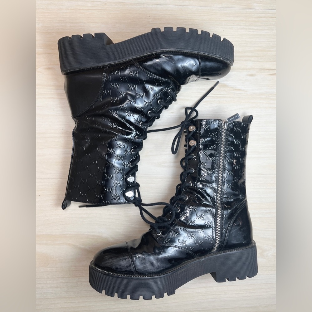 Michael Kors Black Embossed Patent Leather Combat Boot Lug Sole